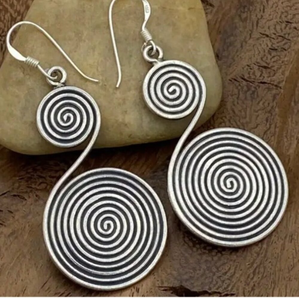 Large Silver-Tone Boho Spiral Tribal Hippie Statement Dangle Earrings